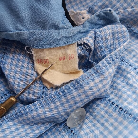 Vintage Girls Dress 10 1950's Blue Gingham Peter Pan Collar Lace Trim Dorothy - Picture 7 of 7